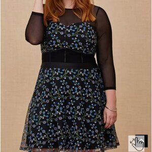 Special Occasions Black Mesh & Blue Embroidered Skater Dress